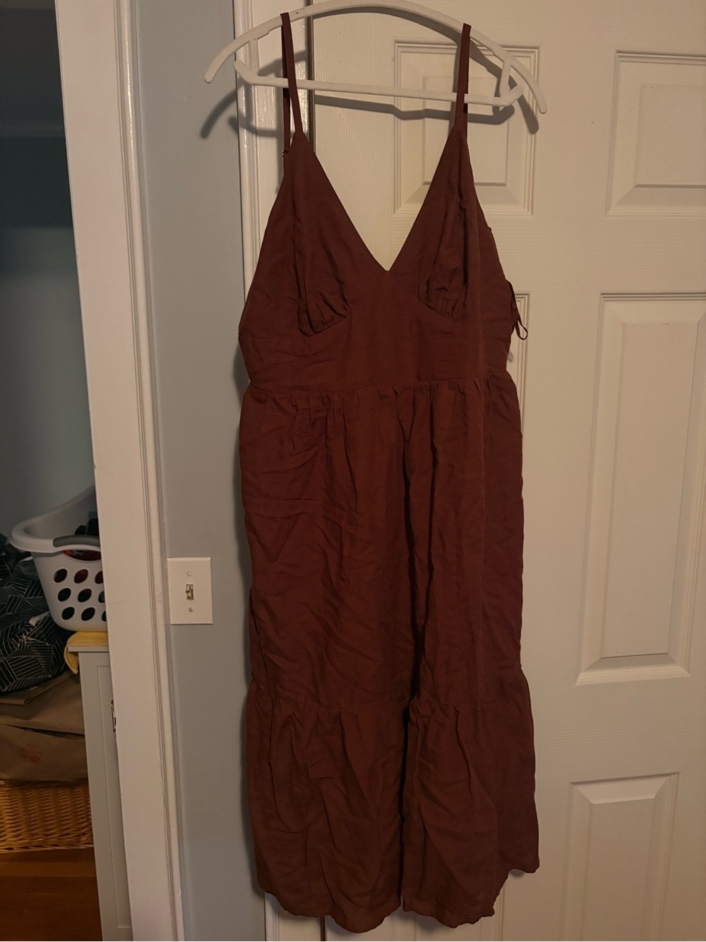Brown Spaghetti Strap V-Neck Midi Dress
